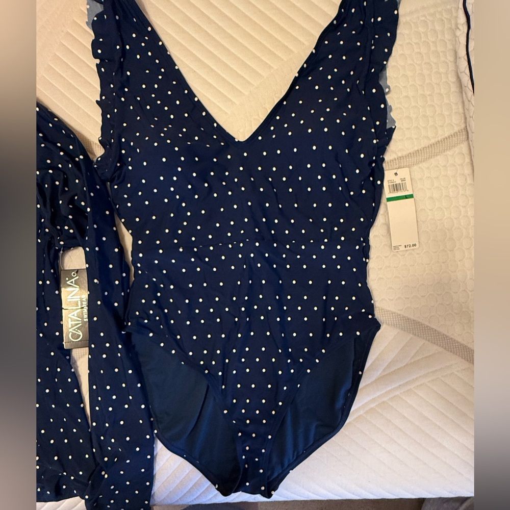 Catalina two piece swim set. One piece and rash guard. NWT NAVY POLKA DOT
